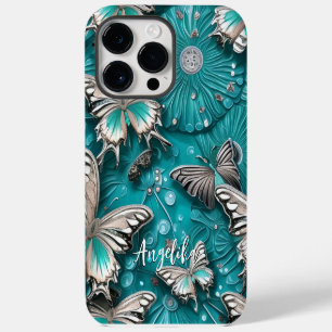 Coque Case-Mate iPhone Papillon floral sarcelle et argent Nom personnalis
