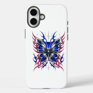Coque Pour iPhone 16 Plus Papillon métallique bleu rose flammes – Gothique 