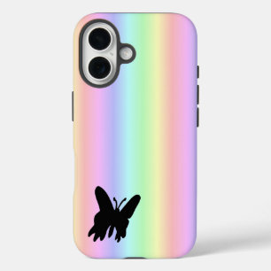Coque Pour iPhone 16 Papillon noir sur Pastell Rainbow