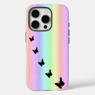 Coque iPhone 16 Pro Papillon noir sur Pastell Rainbow