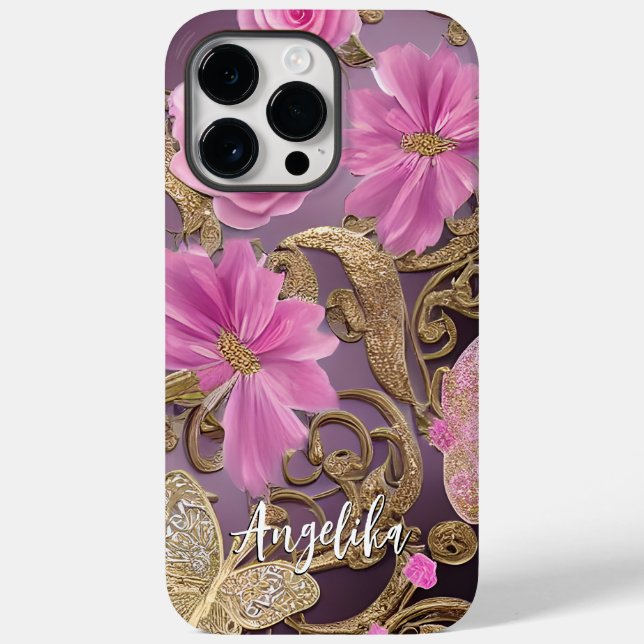 Coques Case-Mate iPhone Papillon Rose et Or Nom Personnalisé (Verso)