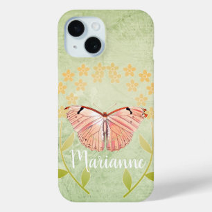 Coque Case-Mate iPhone Papillon rose sur Arrière - plan Floral vert