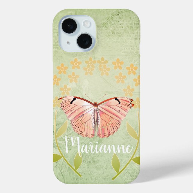 Coques Case-Mate iPhone Papillon rose sur Arrière - plan Floral vert (Verso)