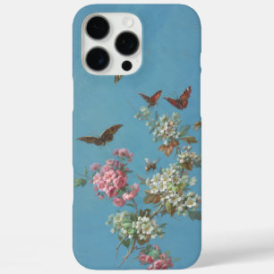 Coque iPhone 16 Pro Max Papillon rose vintage en fleurs blanches sur bleu