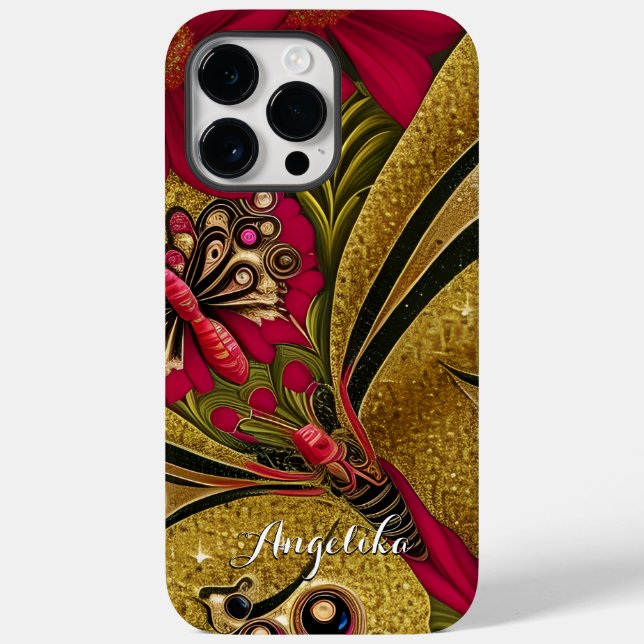 Coques Case-Mate iPhone Papillon rouge et or de luxe Nom personnalisé (Verso)