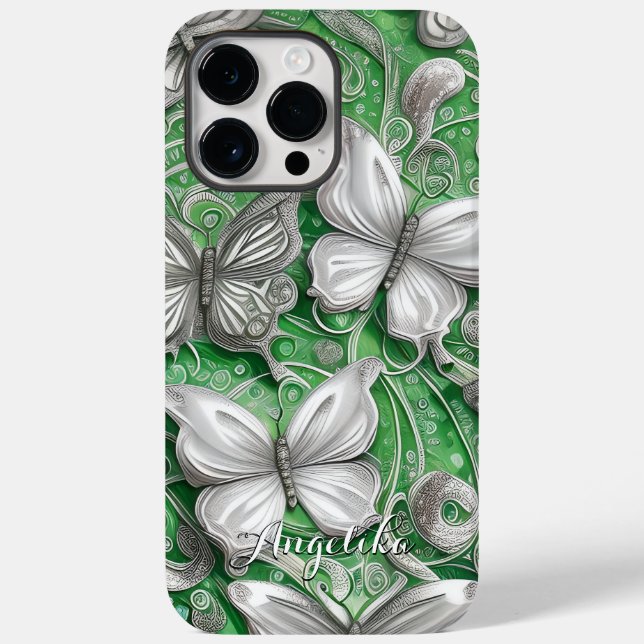 Coques Case-Mate iPhone Papillon sarcelle et nom personnalisé avec paillet (Verso)