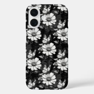 Coque Pour iPhone 16 Papillon sur Motif à fleurs - Noir