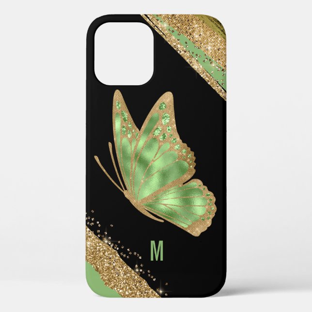 Coques Case-Mate iPhone Papillon vert et or Monogramme (Verso)