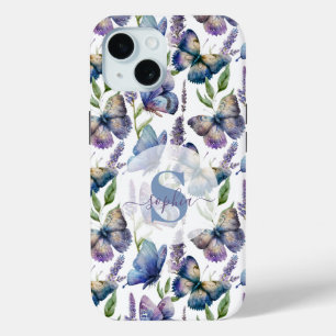Coque Case-Mate iPhone Papillons Aquarelle Fleur de Glycine Monogrammées