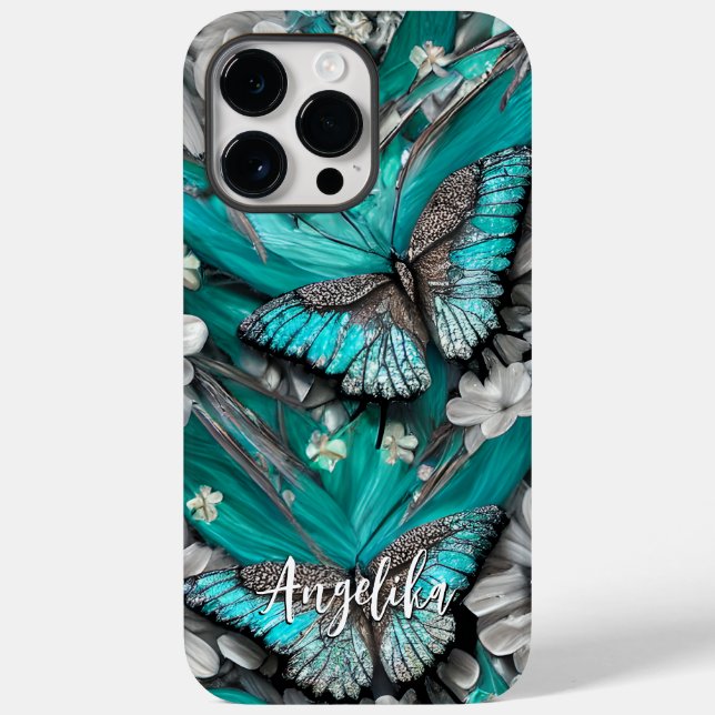Coques Case-Mate iPhone Papillons argentés sarcelle floraux nom personnali (Verso)