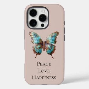 Coque iPhone 16 Pro Papillons bleu turquoise crème