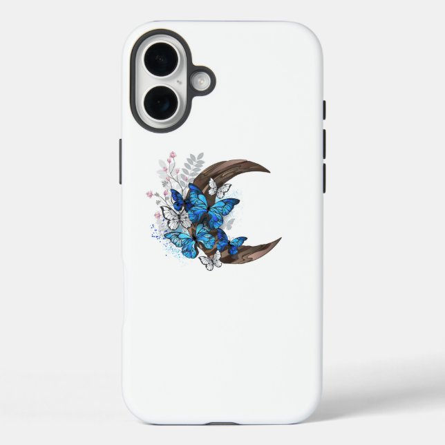 Coques Case-Mate iPhone Papillons bleus sur croissant en bois (Verso)