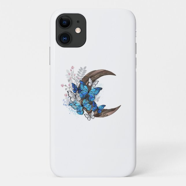Coques Case-Mate iPhone Papillons bleus sur croissant en bois (Dos)