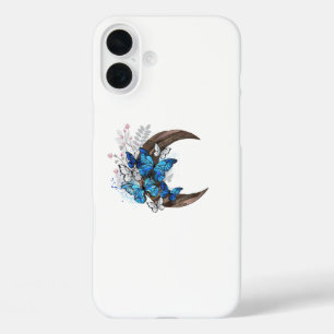 Coque Pour iPhone 16 Plus Papillons bleus sur croissant en bois