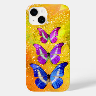 COQUE POUR iPhone 14 PAPILLONS BLEUS VIOLETS ROSES DANS L'OR JAUNE