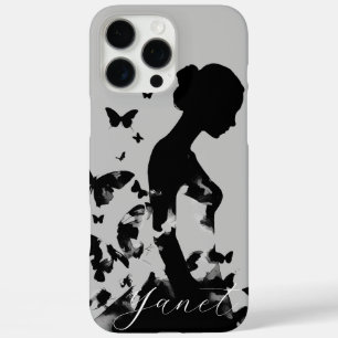 Coque iPhone 16 Pro Max Papillons de ballerine silhouette noire nom modern