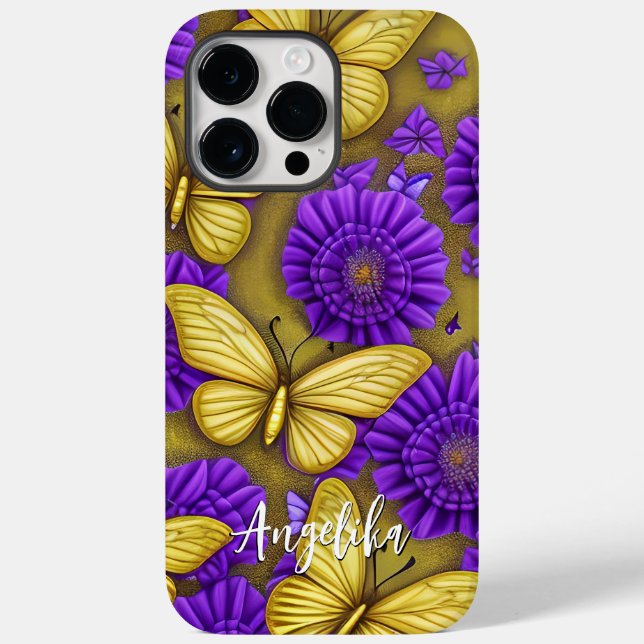 Coques Case-Mate iPhone Papillons d'or Fleurs violettes Nom personnalisé (Verso)
