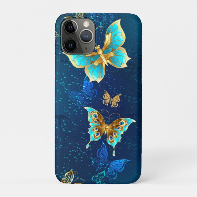 Coques Case-Mate iPhone Papillons d'or sur un Arrière - plan bleu (Dos)