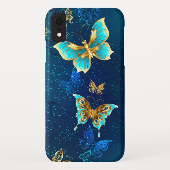 Coques Case-Mate iPhone Papillons d'or sur un Arrière - plan bleu (Dos)
