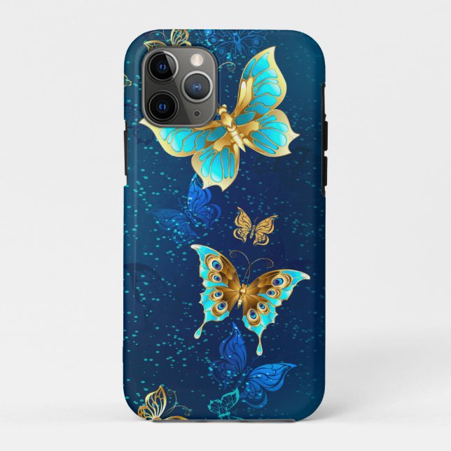 Coques Case-Mate iPhone Papillons d'or sur un Arrière - plan bleu (Dos)