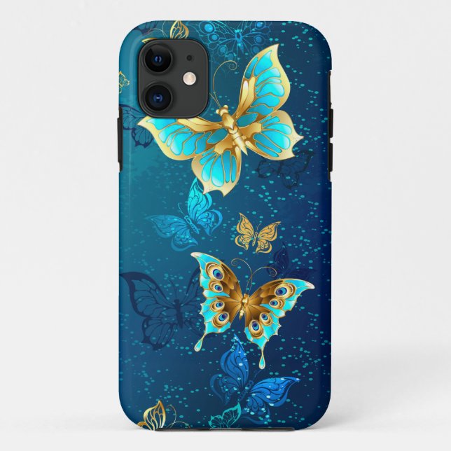 Coques Case-Mate iPhone Papillons d'or sur un Arrière - plan bleu (Dos)