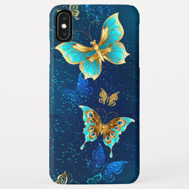 Coques Case-Mate iPhone Papillons d'or sur un Arrière - plan bleu (Dos)
