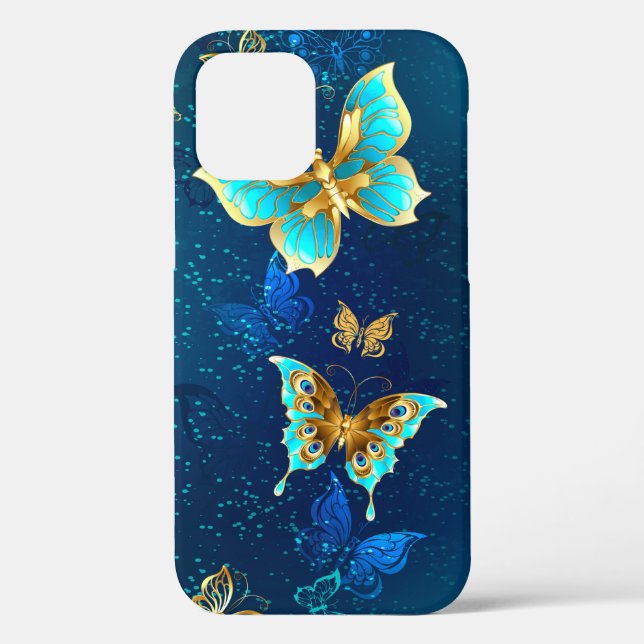 Coques Case-Mate iPhone Papillons dorés sur fond bleu (Verso)