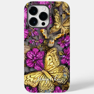 Coque Case-Mate iPhone Papillons en or rose et violet Nom personnalisé