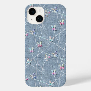 Coque Case-Mate iPhone Papillons en relief aquarelle sur lin bleu denim