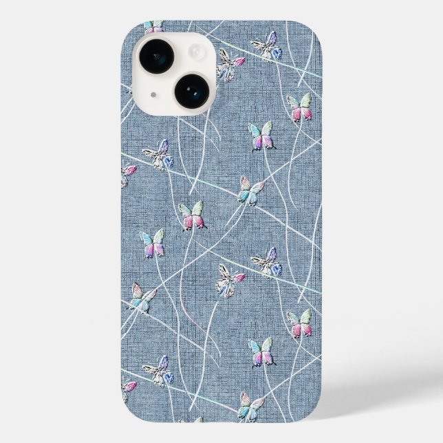Coques Case-Mate iPhone Papillons en relief aquarelle sur lin bleu denim (Verso)