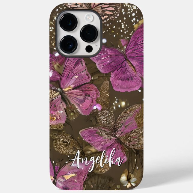 Coques Case-Mate iPhone Papillons et fleurs roses Nom personnalisé (Verso)