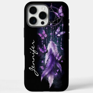 Coque iPhone 16 Pro Max Papillons et plumes pourpres Dreamcatcher