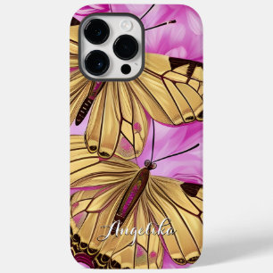 Coque Case-Mate iPhone Papillons Jaunes, Fleurs Roses Nom Personnalisé