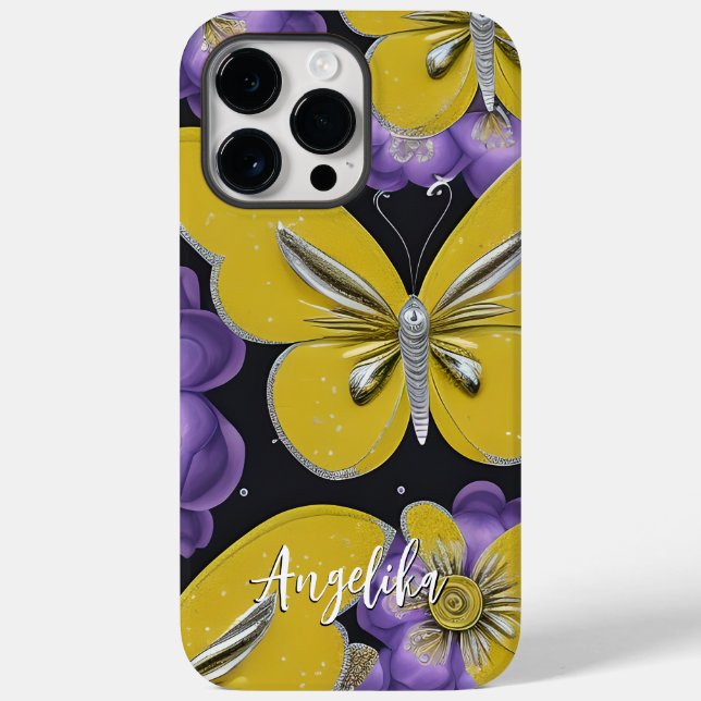 Coques Case-Mate iPhone Papillons jaunes personnalisés et fleurs violettes (Verso)