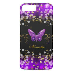 Coque iPhone 7 Plus Papillons noirs dorés violets exotiques scintillan