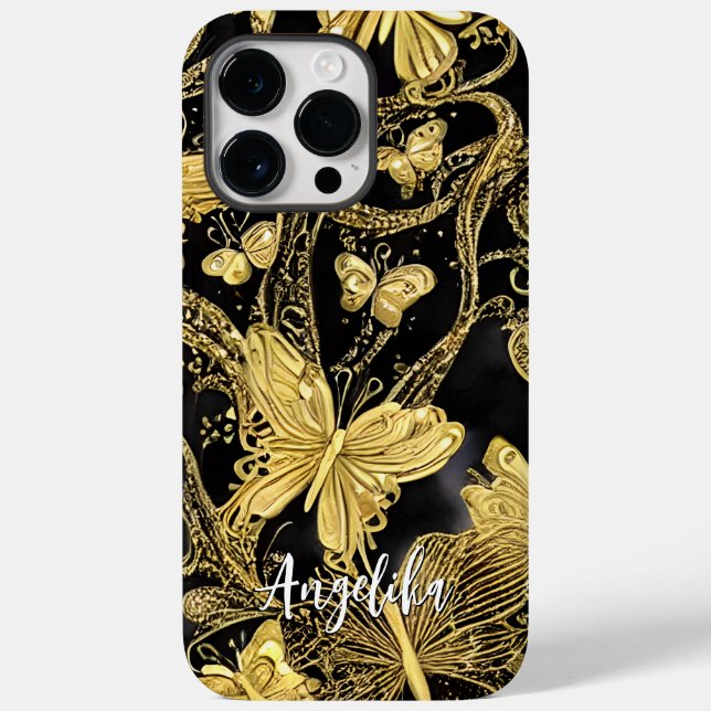 Coques Case-Mate iPhone Papillons noirs et dorés Nom personnalisé (Verso)
