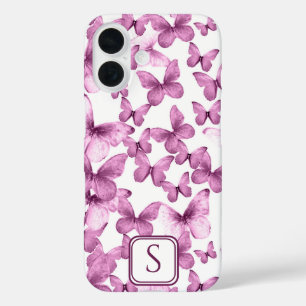 Coque Pour iPhone 16 Papillons rose Moderne Élégant Monogramme Personna