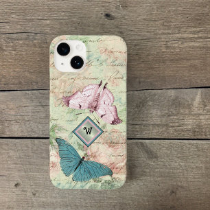 Coque Case-Mate iPhone Papillons roses et bleus et Roses avec Monogramme