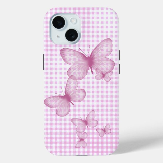 Coques Case-Mate iPhone Papillons roses sur En vichy (Verso)