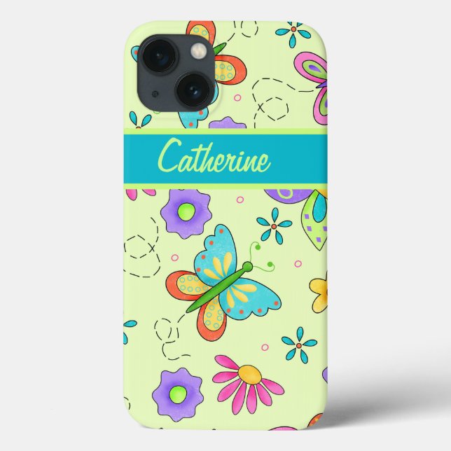 Coques Case-Mate iPhone Papillons Whimsy sur Green Custom Name (Verso)