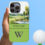 Coque iPhone 16 Pro Max Parcours de golf pittoresque Nom du monogramme<br><div class="desc">Une touche spéciale pour le monsieur - ami dans votre vie, qui s'amusera avec celui-ci - un parcours de golf pittoresque dans l'arrière - plan - personnalisé avec son prénom et son monogramme - élégant et unique. Ou, prenez-en un pour vous-même et racontez votre histoire. Toute question de design envoie...</div>
