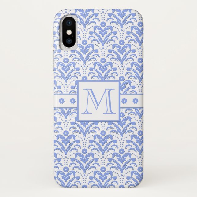 Coques Case-Mate iPhone Parfait Elégance bleu et blanc Monogramme Damask (Dos)