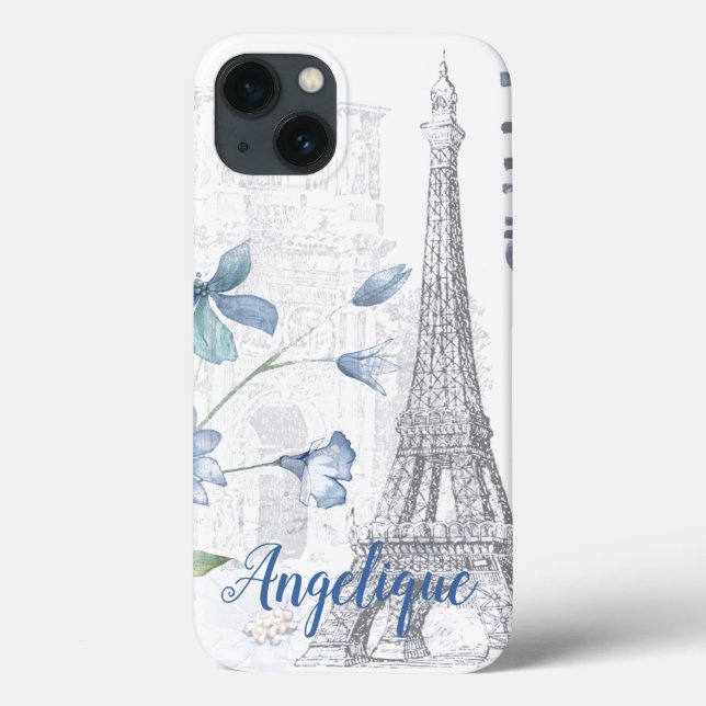 Coques Case-Mate iPhone Paris Scène et Fleurs Bleues Personnalisées (Verso)