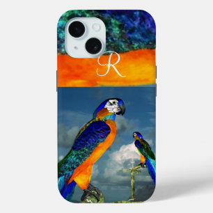 COQUE POUR iPhone 15 PARROTS HYPER /MONOGRAMME D'ARA BLEU