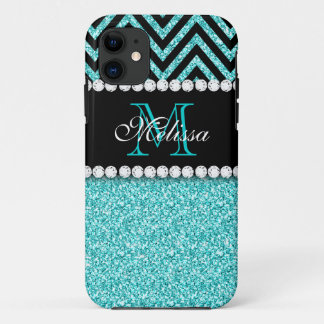 Coque Case-Mate iPhone Parties scintillant AQUA CHEVRON NOIR MONOGRAM