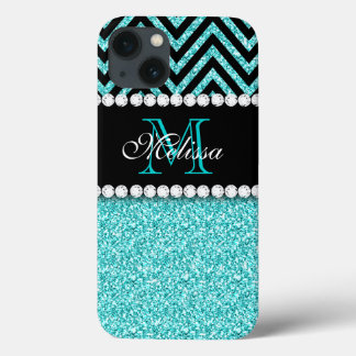 iPhone 13 Coque Parties scintillant AQUA CHEVRON NOIR MONOGRAM