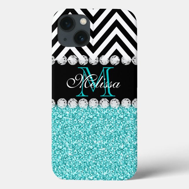 Coques Case-Mate iPhone Parties scintillant AQUA CHEVRON NOIR MONOGRAMMMÉ (Verso)