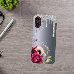Coque Pour iPhone 16 Parties scintillant argent goutte-à-goutte métal f<br><div class="desc">Faux argent goutte à goutte de parties scintillant,  peinture goutte à goutte sur un faux arrière - plan métallique à l'aspect argent. Fleurs bordeaux et or rose. Modèle pour Votre nom. Le nom en gris clair est écrit avec un script de style moderne et tendance écrit à la main.</div>