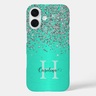 Coque Pour iPhone 16 Parties scintillant Argent, Pinceau Acier Turquois