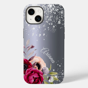 Coque Case-Mate iPhone Parties scintillant argentée fleurs nom bordeaux